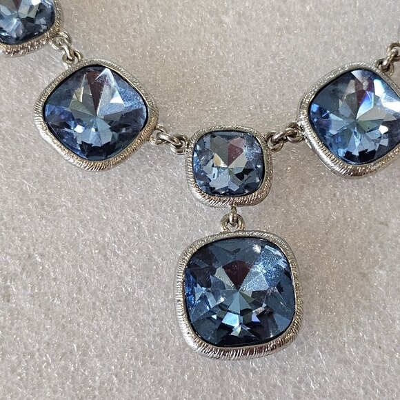 Monet Necklace Blue Large Rhinestones Faceted Silver‎ Tone Y-Drop Statement 18" - Picture 3 of 10
